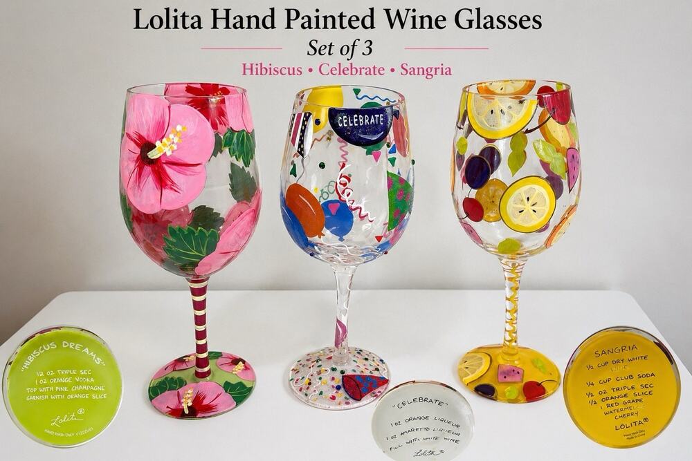Lolita Hand Painted Wine Glasses Set of 3 Tropical Celebration Sangria